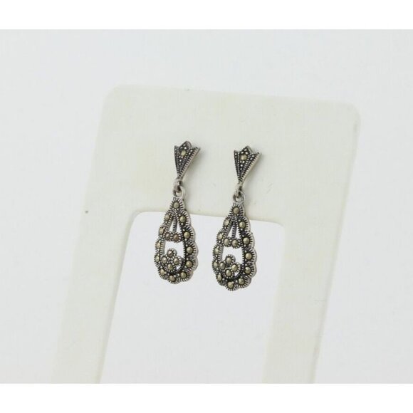Sterling Silver Marcasite Scallop Design Earrings Dangle Drop 1 1/4" x 3/8" - Picture 4 of 7